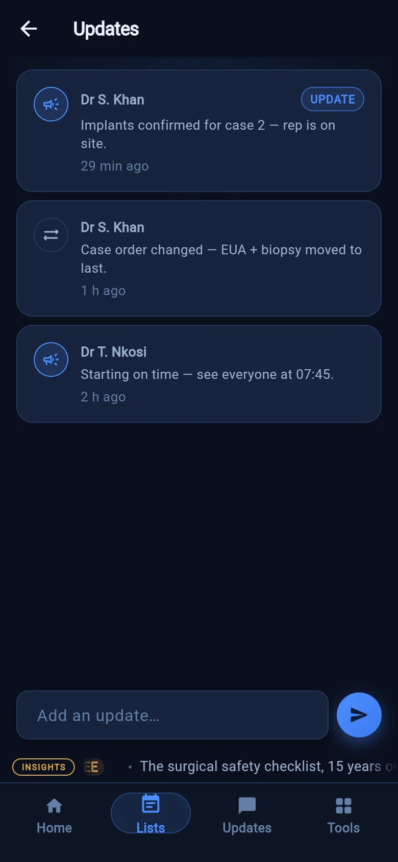 Tari updates feed — live theatre-list activity from the team