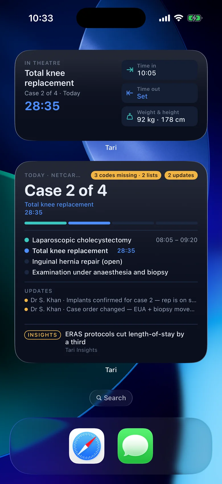 Tari widgets on an iPhone home screen — the theatre list with the case in theatre, updates and missing codes, and the current case with time in, time out and weight and height